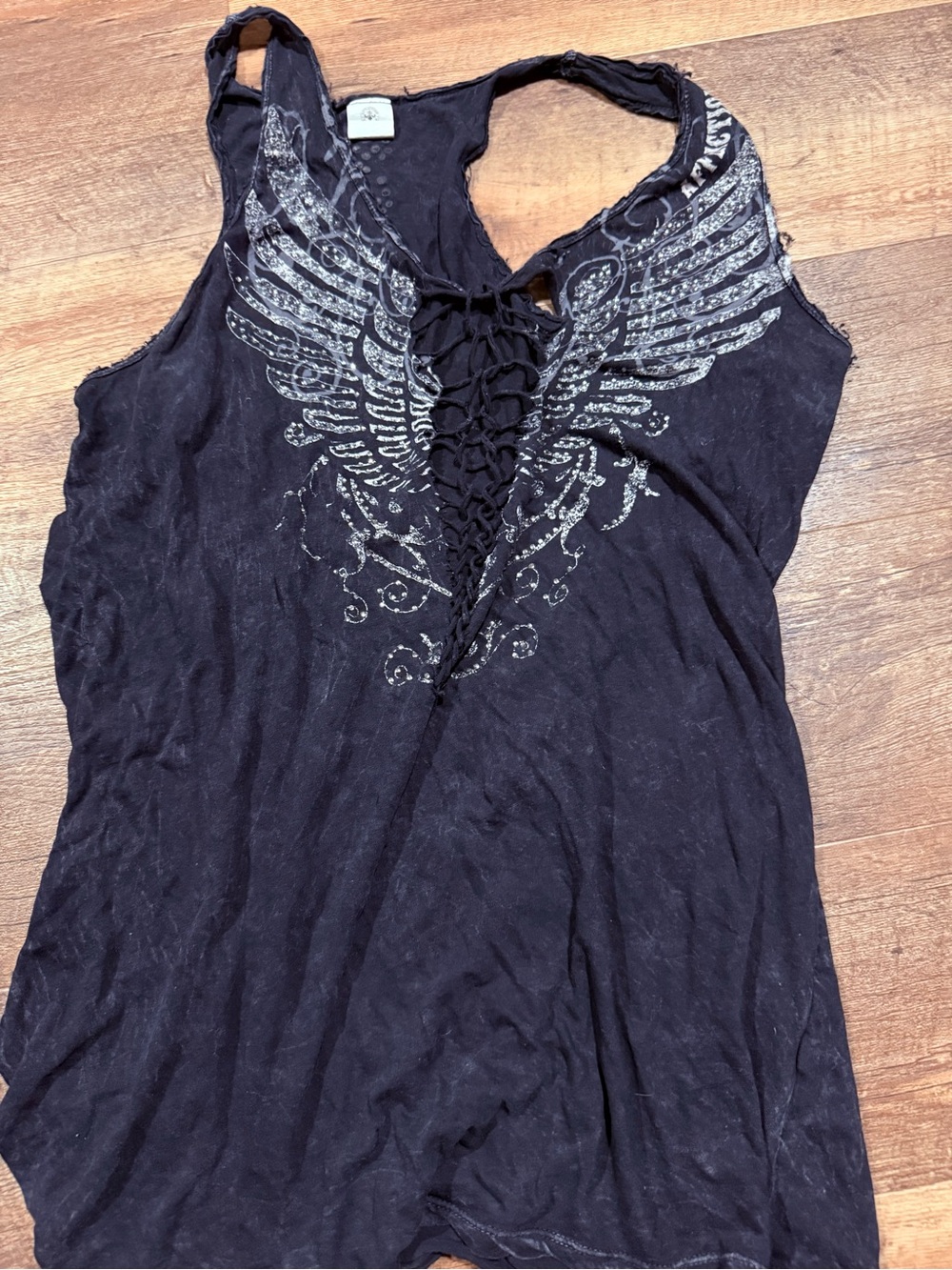 Affliction Black Lace-Up Wing Graphic Tank